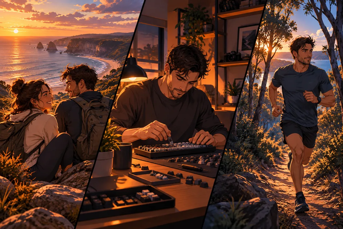 Original cinematic illustration: a couple exploring a coast, a man building a keyboard and a runner on a sunlit trail.